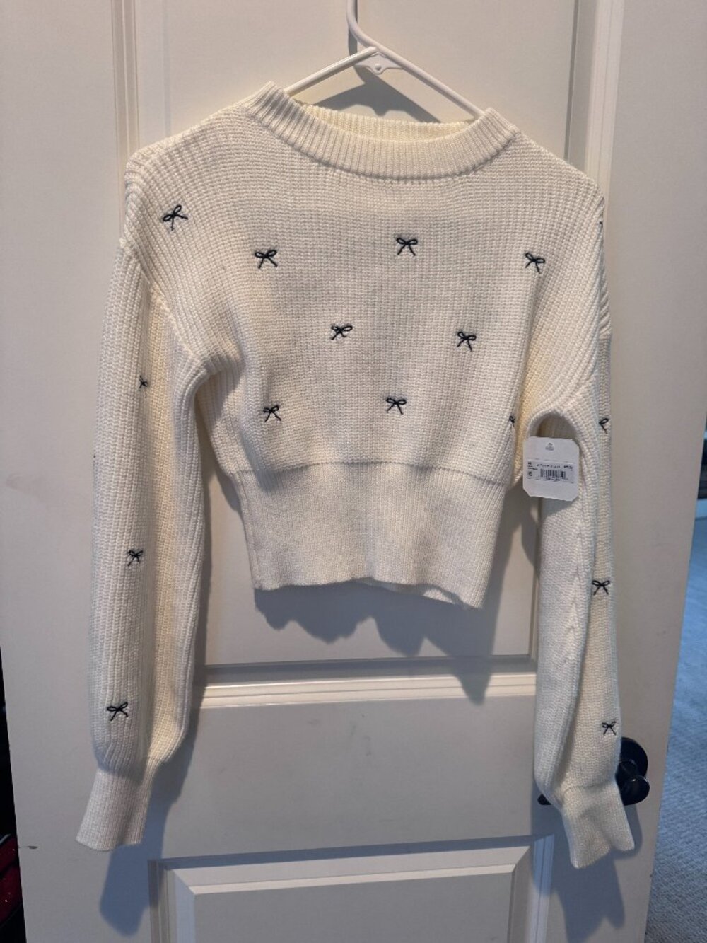 NWT Ivory Black Bow Cropped Knit Sweater Coquette Balletcore AS